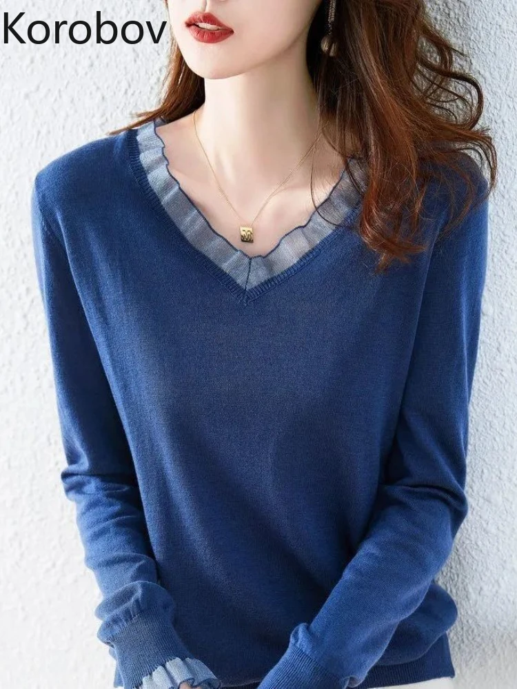 

Korobov Autumn Winter V Neck Sweater Temperament Tops Pull Femme Ruffles Loose Solid Color Grace Korean Fashion Sueters De Mujer