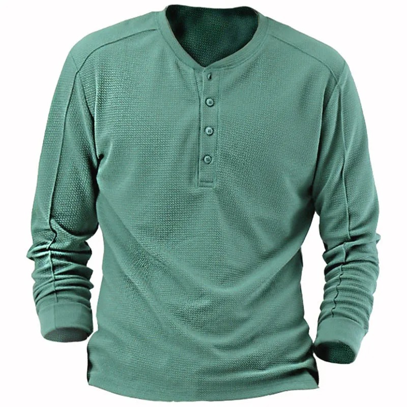 

Fashion O-Neck Waffle Oversize Shirt Casual Solid Color Henry Collar Shirts Clothing 2023 Long Sleeve Button-up Men Pullovers