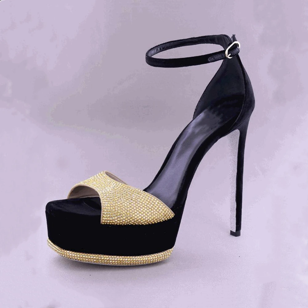 New One line Buckle Strap Thin Heel Rhinestone Waterproof Platform Round Toe Open Toe High Heel Sandals Large Size Women's Shoes