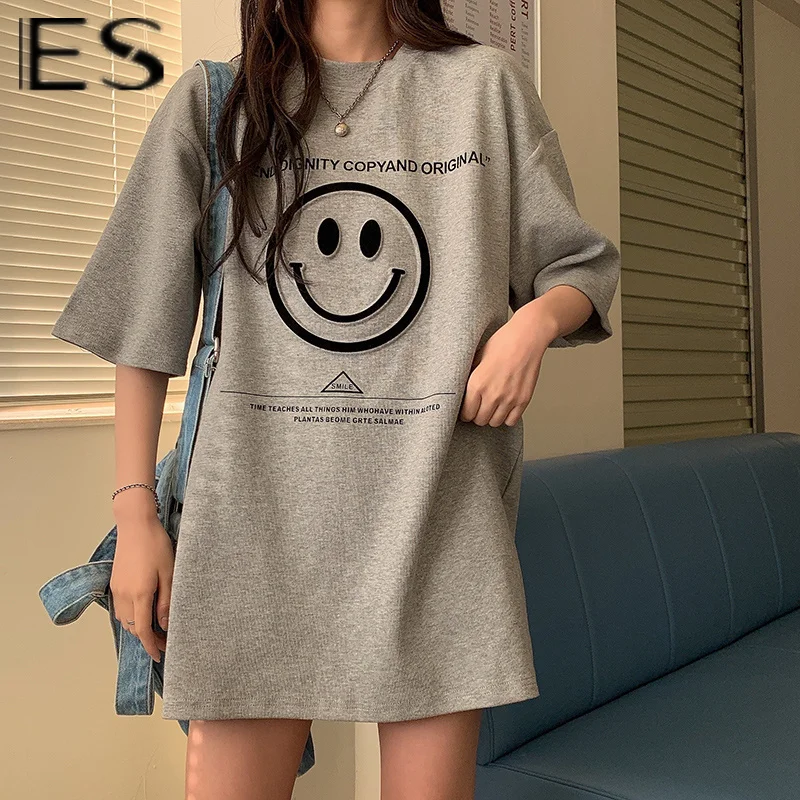 

2022 Etam Korean 2022 new loose medium and long lovers' letter printed lower garment missing short sleeve t-shirt female