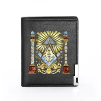 great mysterious masonic design printing pu leather wallet men bifold credit card holder short purse male bg3503