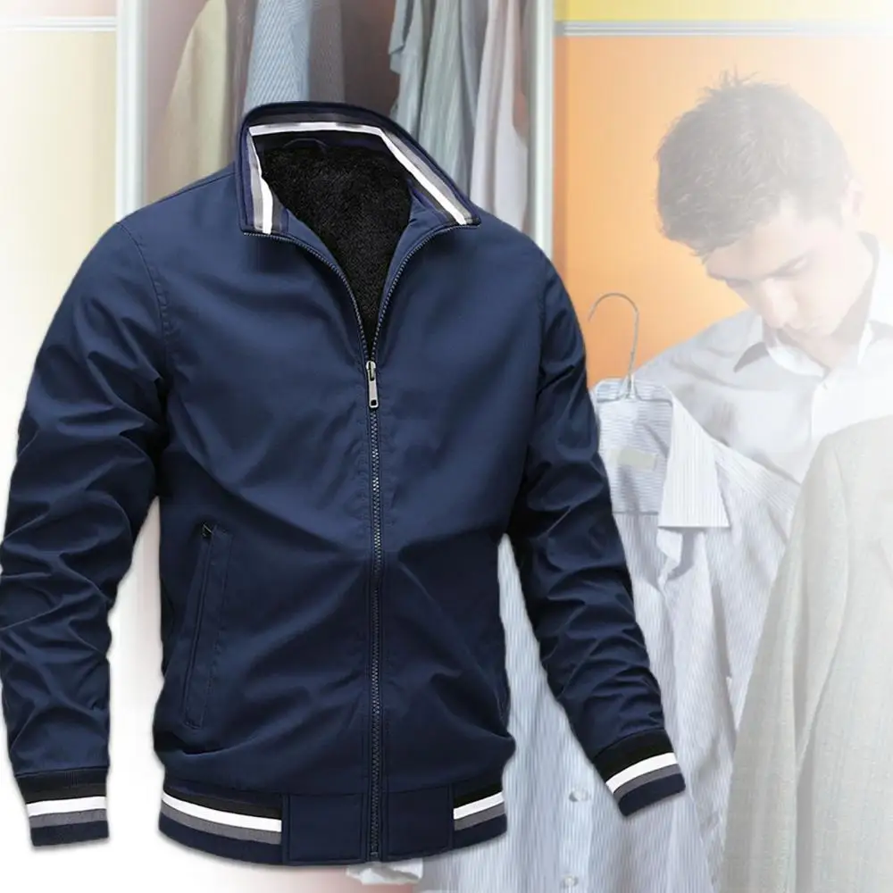 

Men Spring Autumn Plush Long Sleeve Zipper Polyester Solid Color Outwear Coat