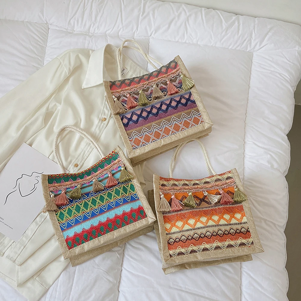 

Роскошная брендовая Сумка-тоут, Ретро Этническая винтажная льняная дамская сумочка на плечо, вместительные тоуты с кисточками для покупок