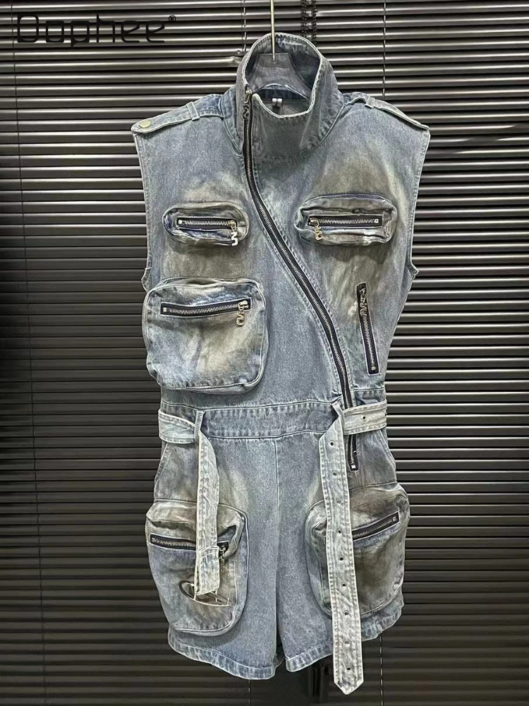 Джинсовый комбинезон-карго комбинезон на молнии с множеством карманов