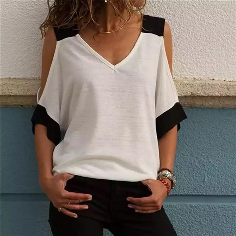 

Women's Patchwork Cold Shoulder T-shirt Tops V-Neck Half Sleeve Female Tee Shirt Summer Casual T Shirt For Women