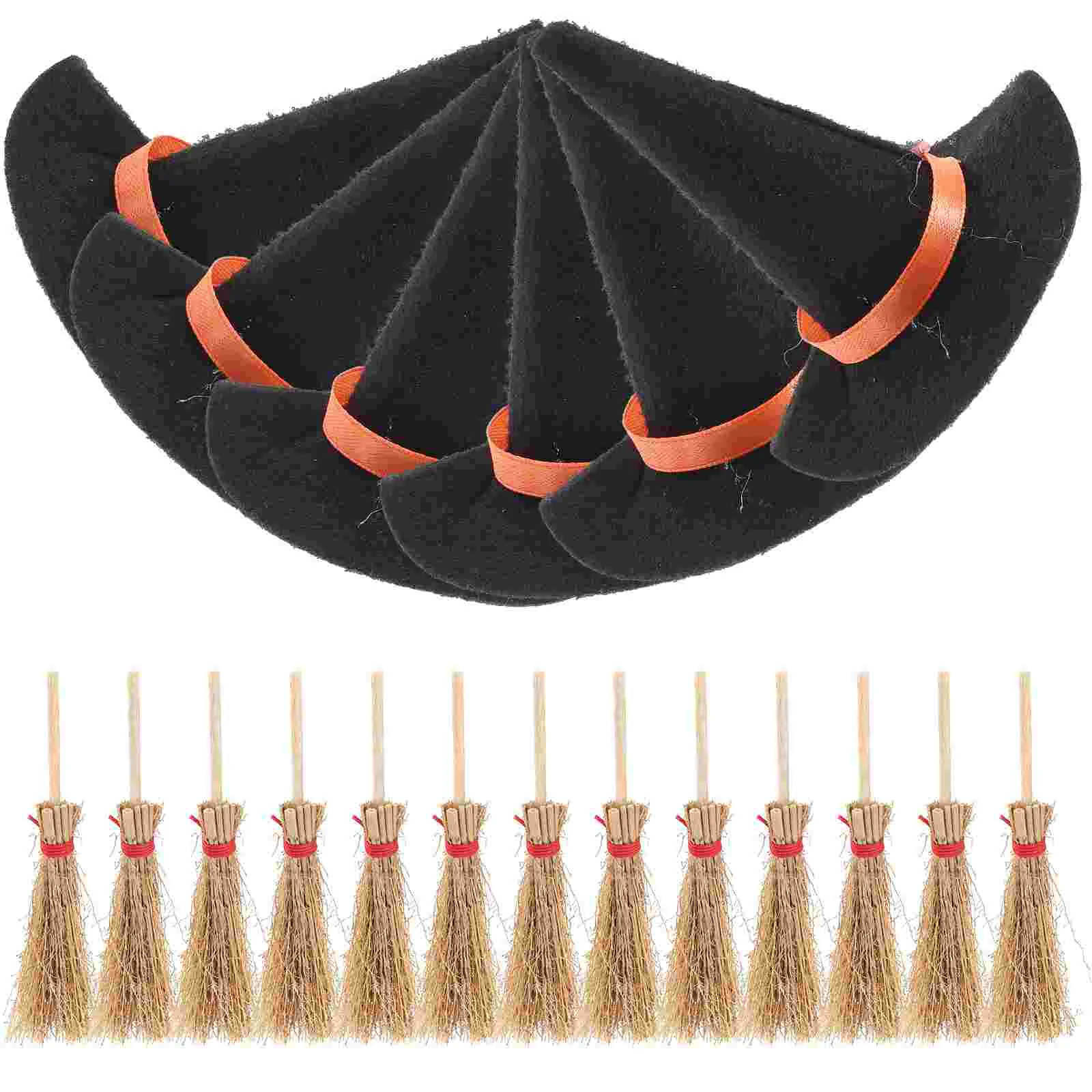 

12 Pcs The Witch Mini Broom Tiny Hats Crafts Decors Miniature Wood House Dolls