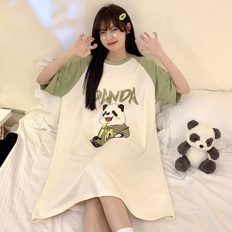 Summer Women Nightgown Pajamas Cartoon Panda Print  Nightdress Cute Sleepwear Girl Pijamas Mujer  Women Leisure Homewear