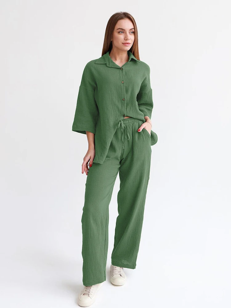 

Hiloc зеленая Хлопковая пижама, женский костюм с рукавом три четверти, женская пижама, однобортная ночная рубашка, весенний домашний костюм, комплекты 2023