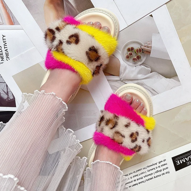 Three Color Women's Fur Slippers Thick Sole Design Mink Fur Slippers New Style Luxury Increase Lace-up Furry Slippers