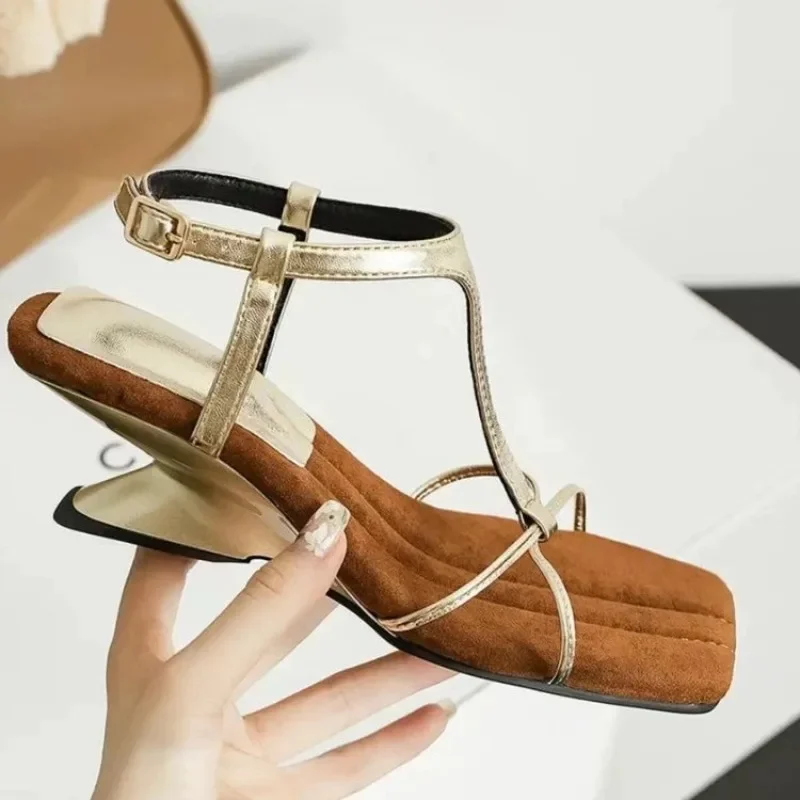 Сандалии женские из натуральной кожи босоножки с квадратным носком на высоком