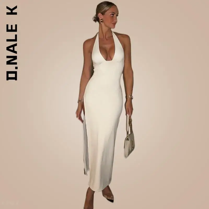 D.Nale K  Elegant Party Sleeveless Halter Backless Bodycon Slit Prom Maxi Dress Women Nightclub Evening Vacation Long Dresses