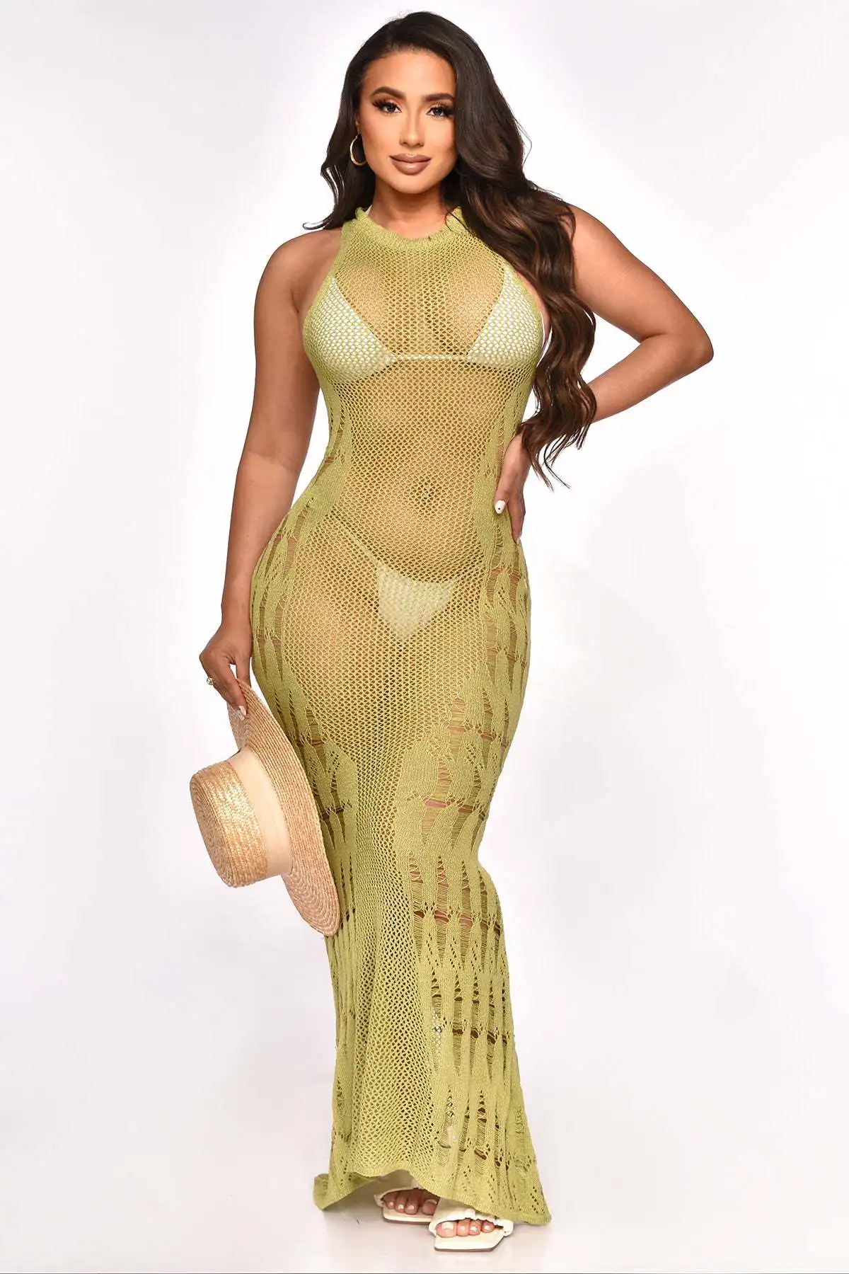 

Летнее пляжное сексуальное облегающее трикотажное прозрачное длинное платье 2023, женское вязаное крючком платье без рукавов, праздничная длинная юбка, клубная одежда