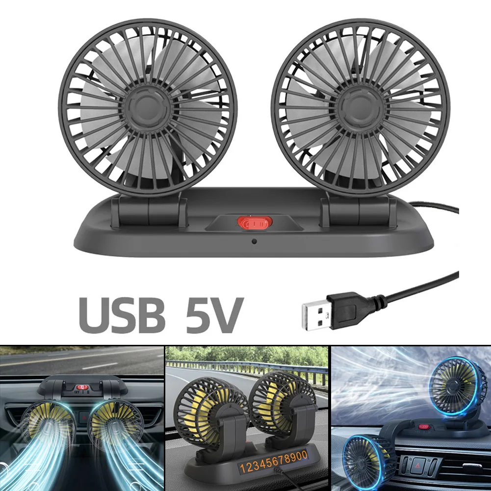 

F410 Car Strong Dual Fan Air Conditioning Double Cooler 360° USB DC5V Powered Mini Fan For Car Van Dashboard Fan