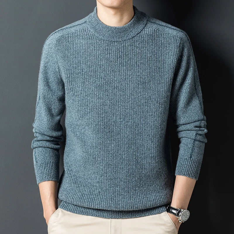 Thickened 100% pure sweater round neck solid color autumn and winter bottoming Korean fashion slim winter men's sweater.