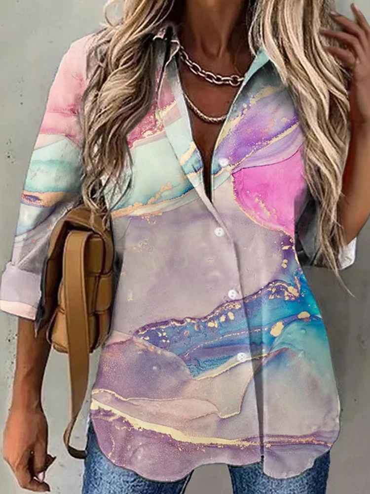 

New Women Spring Summer Chic Print Shirts Casual Commute Long Sleeve Lapel Blouses Tops 2022 Female Simple Clothes Button Blusas