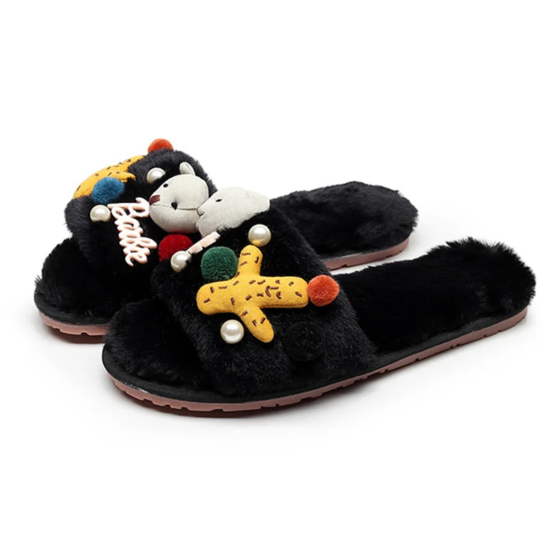 

Women's Faux Fur Slippers Cartoon Dog Fuzzy Flat Spa Fluffy Open Toe House Shoes Indoor Outdoor Slip On Memory Foam Slide Sandal
