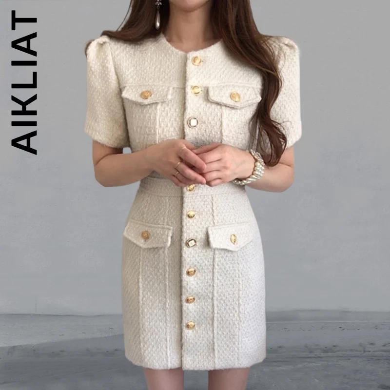 

Aikliat Dress Short Sleeve Women Fashion Short Dress Sexy Stylish Beige Tweed Single-breasted Elegant Vestidos Dress Female