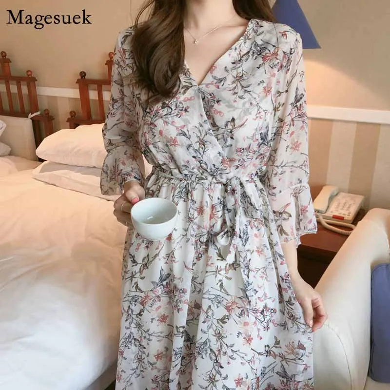

2022 V-neck Casual Chiffon Dress Flare Short Sleeve Women Dress Summer Vintage Midi Long Dresses Print Sweet Vestidos 10451