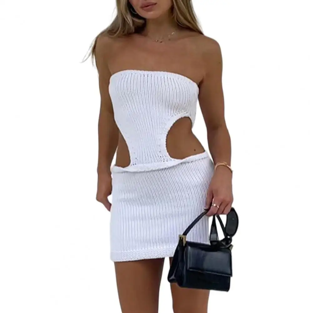 

Summer Dress Off Shoulder Sleeveless Chest Wrapping Backless Knit Dress Women Waist Hollow Out Bodycon Dress Female vestido