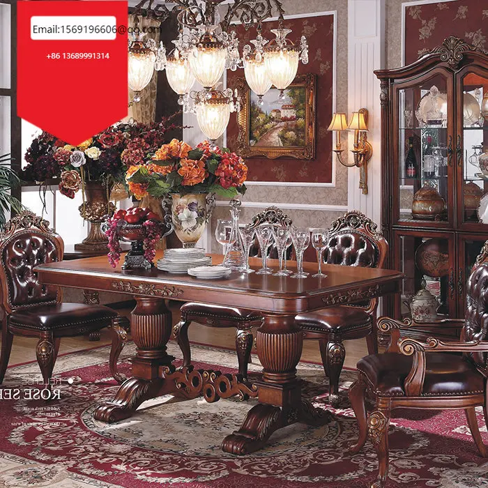 

Customized American classical solid wood dining table and chair combination European carved dining table restaurant furniture