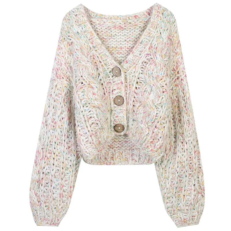 

New Winter Women's ClothingVCollar Long Sleeve Short Contrast Color Jacquard Loose-Fitting Sweet Knitted Cardigan Thick