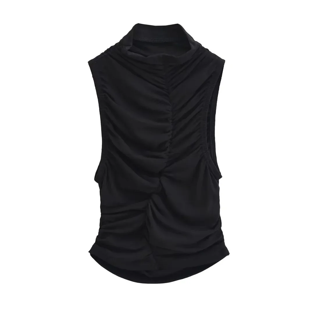 Новый летний плиссированный жилет без рукавов с воротником-стойкой 2024 женский