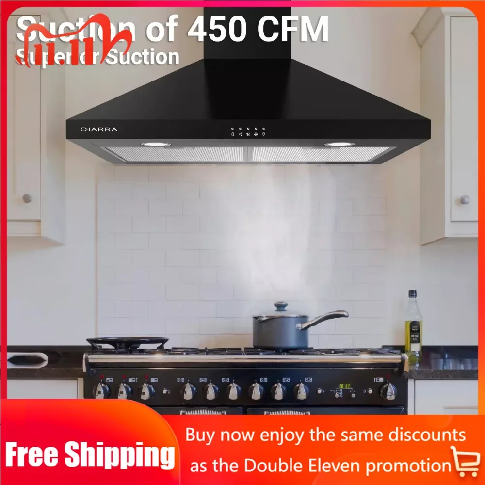 

Black Range Hood 30 Inch 450CFM Wall Mount Vent Hood Ducted and Ductless Convertible Extractor Bell for Kitchen Suction Hoods