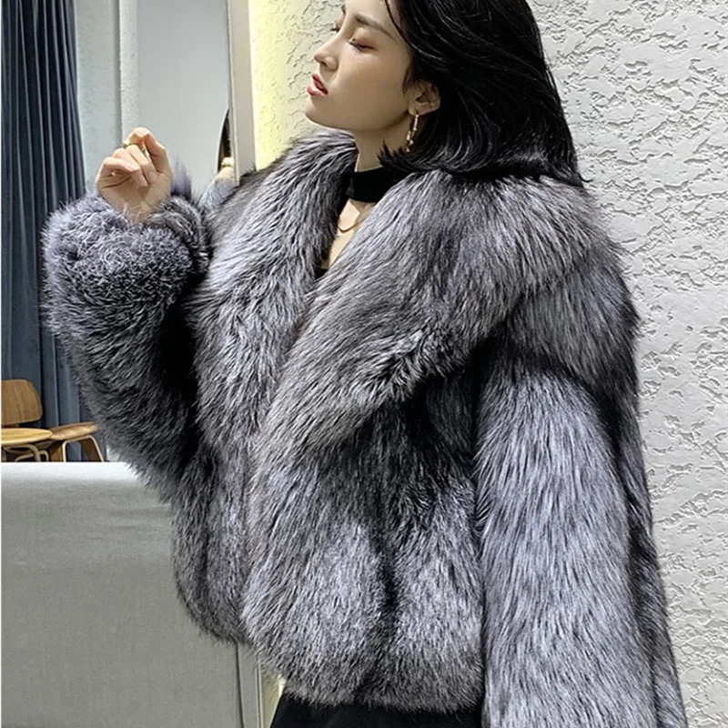2022 Winter New Imitation Fox Fur Coat Women's Short Fashion Coat Young Silver Fox Fur Lapel Coat Encryption Thickened Faux Fur