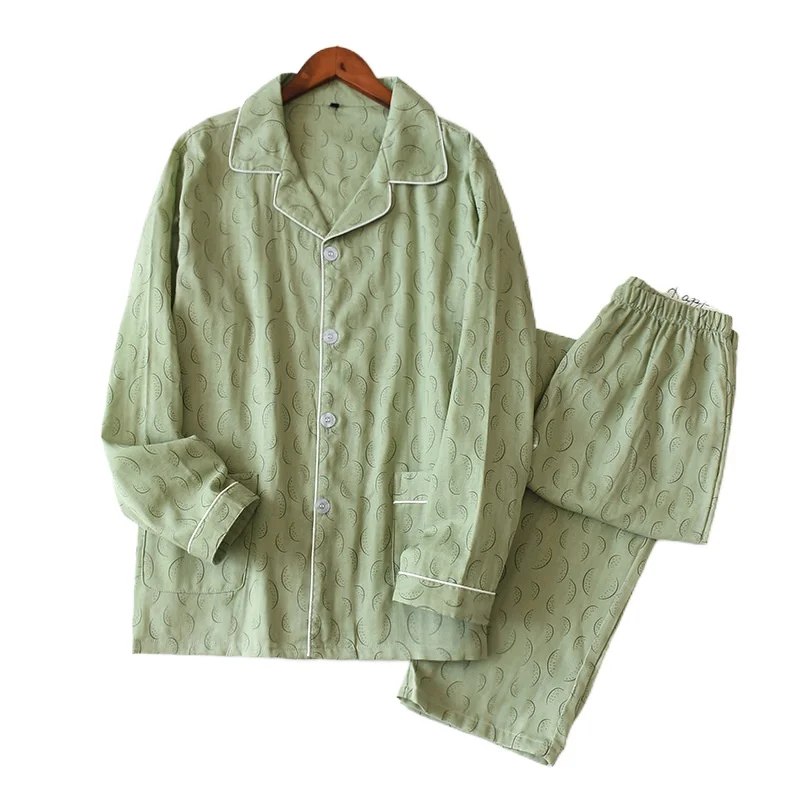 

Fashion and Simple Men's Pajamas Sets Printed Long-sleeved Homewear Loose M-XL Cotton Double Gauze Pajama Pants Suit Lounge Wear