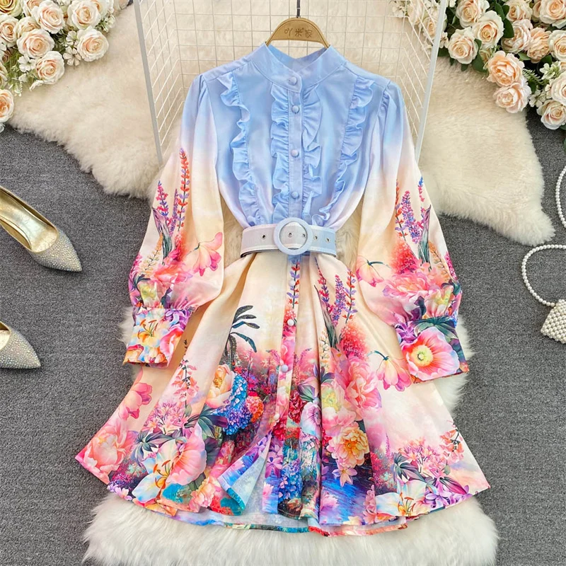 

Fashion Stand Collar Ruffle Lantern Sleeve Printed Dress Single Breasted With Belt Spring Summer New Women A-Line Dress Vestidos