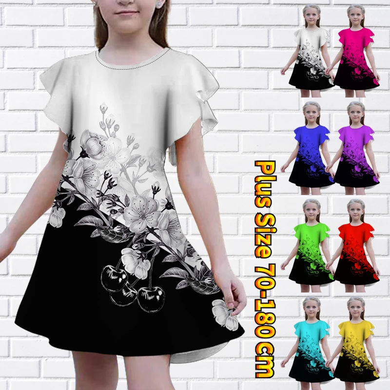 

Новинка лета 2023, дизайнерская Свободная юбка с принтом, модная юбка с коротким рукавом и круглым вырезом для девочек, Юбка До Колена, Повседневное платье принцессы