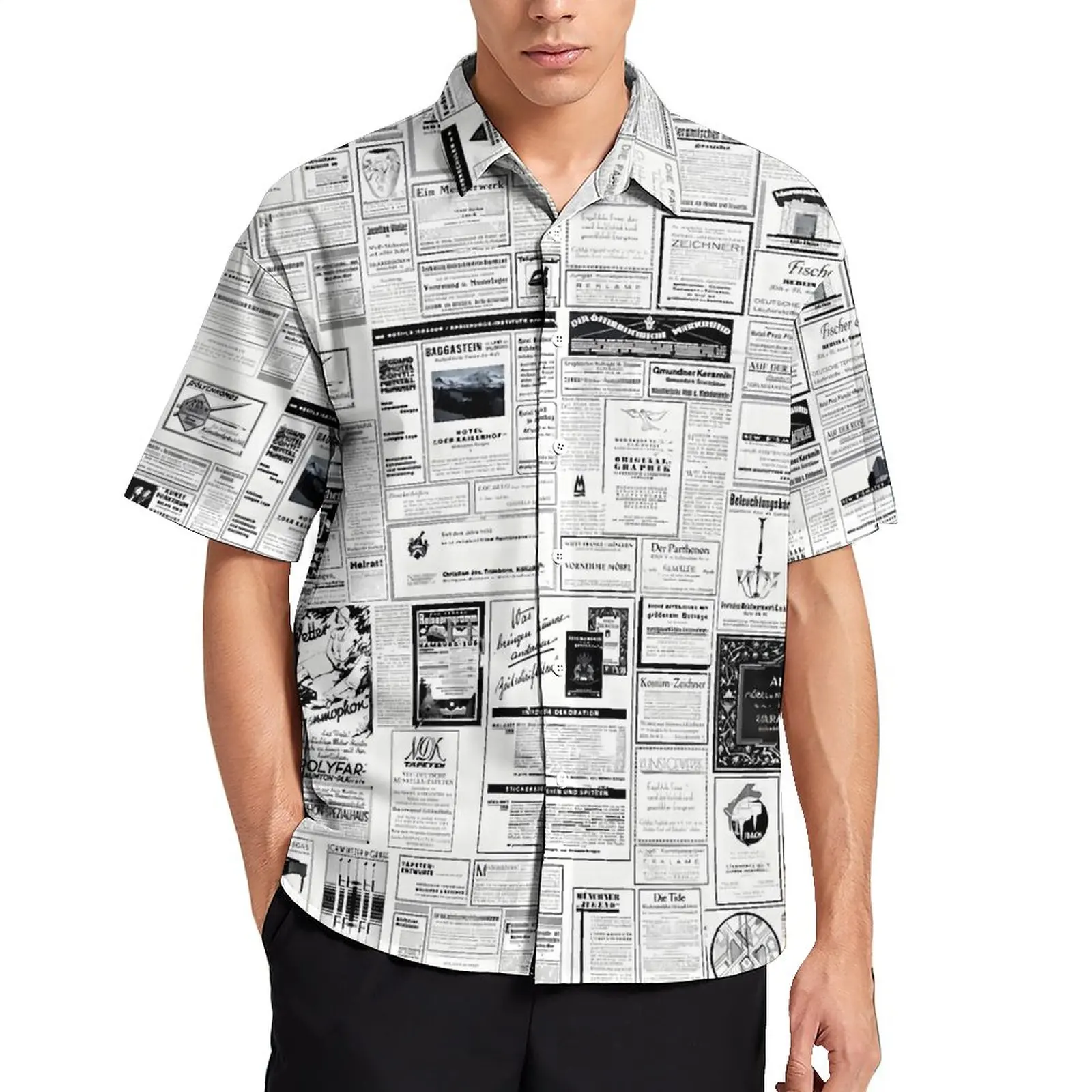 

Newspaper Print Loose Shirt Vacation Vintage Advertising Casual Shirts Hawaiian Graphic Short Sleeve Novelty Oversized Blouses