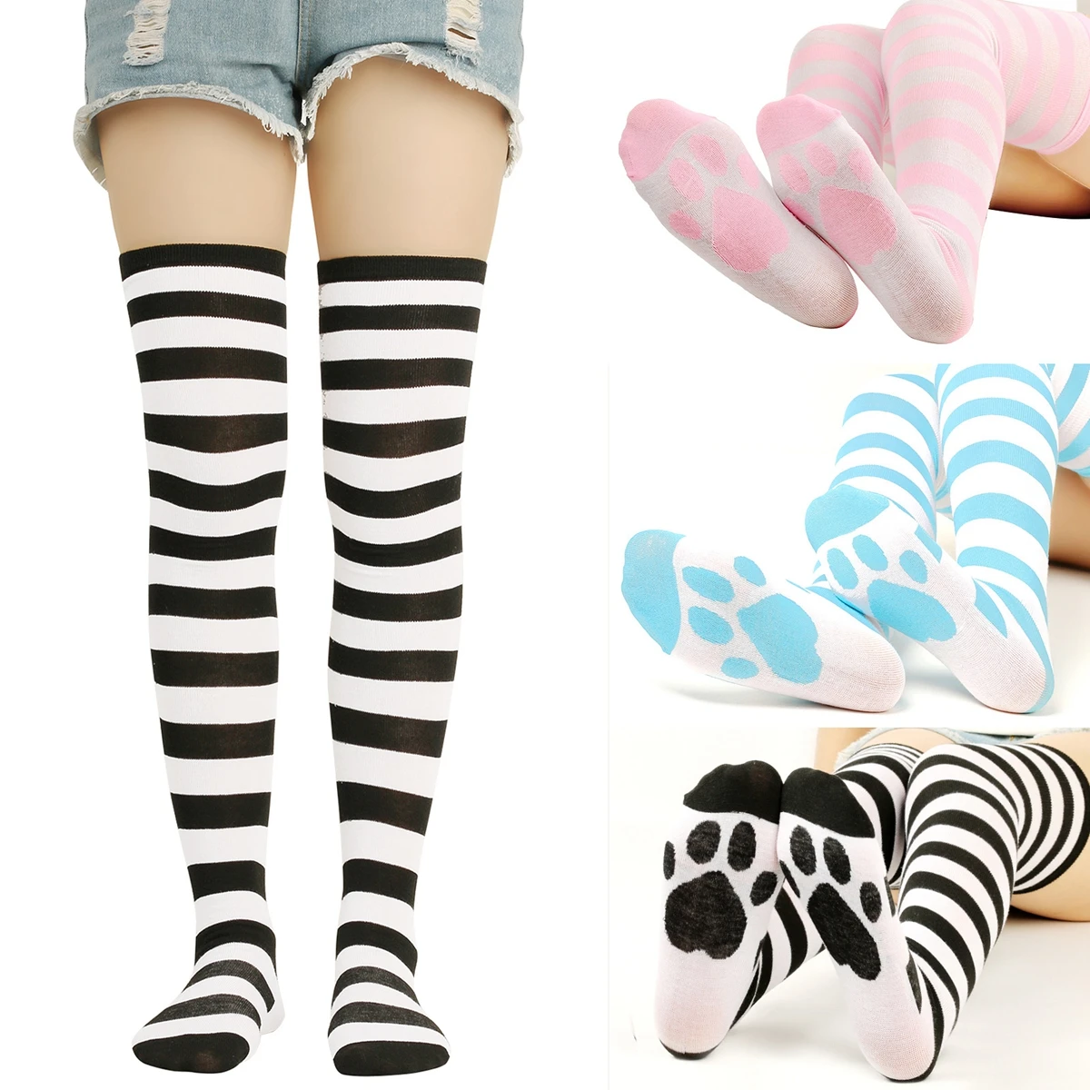 

6Pair Fashion Sole Dog Claw Cotton Socks Striped High Tube Socks Women's Party Long Tube Knee Over Socks