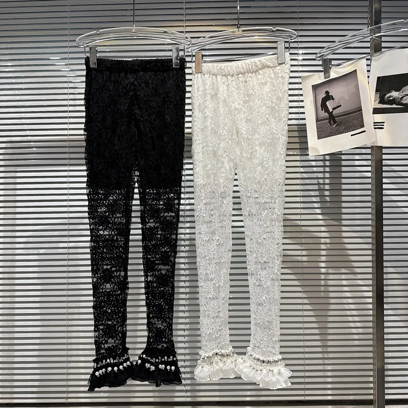 

BORVEMAYS Leggings 2023 Summer New Sexy High Waist Solid Color Beading Diamonds Lace Thin Temperament Wide Leg Pants Women