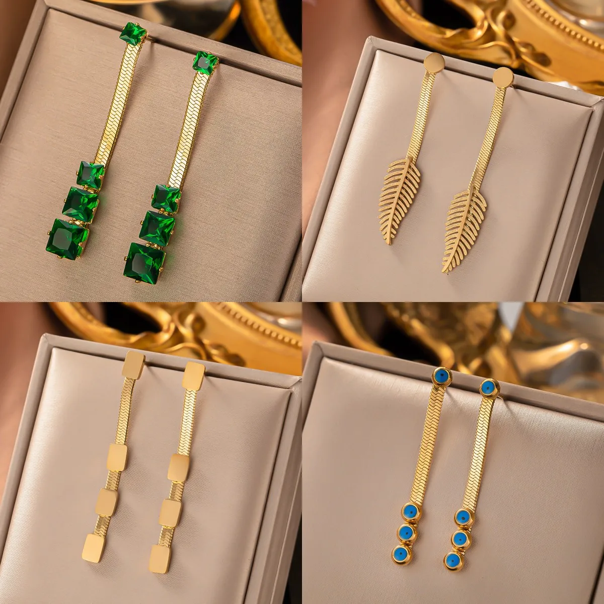 

316L Stainless Steel New Vintage Green Stone Leaves Statement Drop Earrings For Women Girls Ear Jewelry Party Gifts Dropshipping