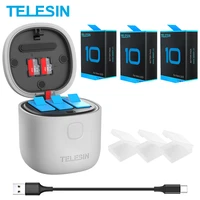 telesin 3pack battery for gopro 10 9 8 7 black 3 slots led light charger box tf card reader storage for gopro hero 5 6 7 8 9 10