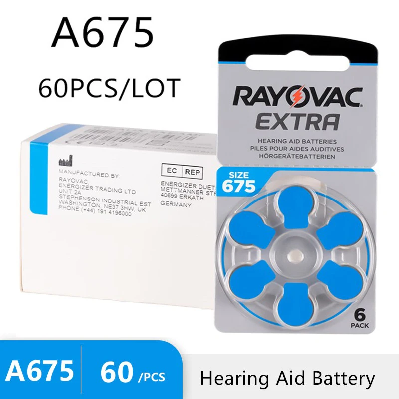 

Аккумуляторы для слуховых аппаратов Rayovac Energy Zinc Air 675A 675 A675 PR44, 60 шт., долговечная батарея для усилителя звука, мини-слухового аппарата