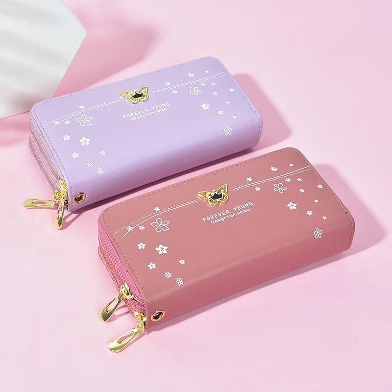 Long women's new wrist with large capacity handbag printed soft leather double zipper mobile phone bag for women