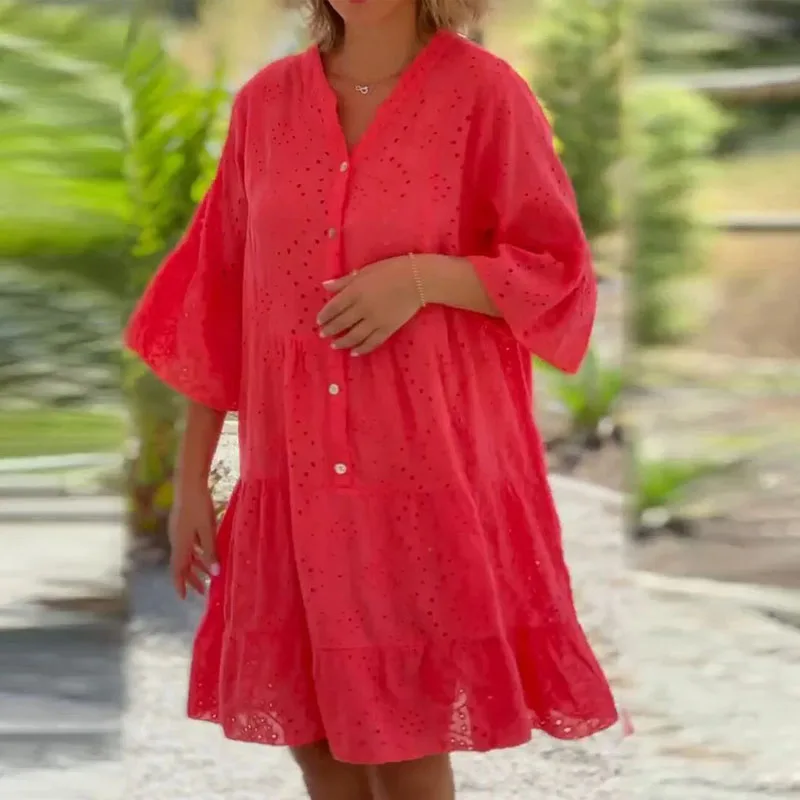 

Женское летнее платье-мини с V-образным вырезом и расклешенными рукавами