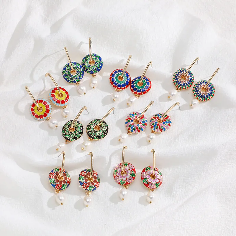 

New Design Vintage Style Bohemia Colorful Round Leafs Enamel Drop Earring Geometric Pearl Drop Earring Woman Fashion Jewelry