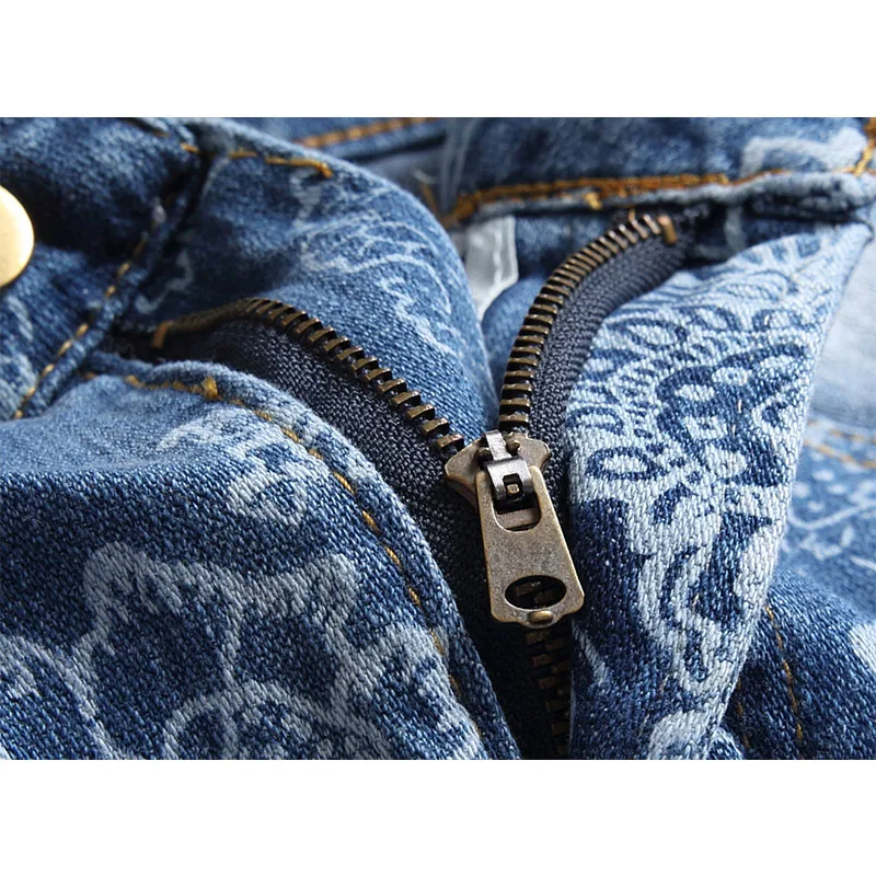 2022 High Quality Men Casual Jeans Flower Digital Printing Straight Biker Jeans Male Vintage Blue Denim Pants Hombre Plus Size