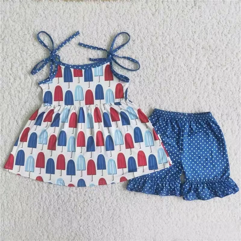 

trendy children clothes sleeveless strap top and blue polka dots shorts 4th of July summer baby girl outfit children clothing
