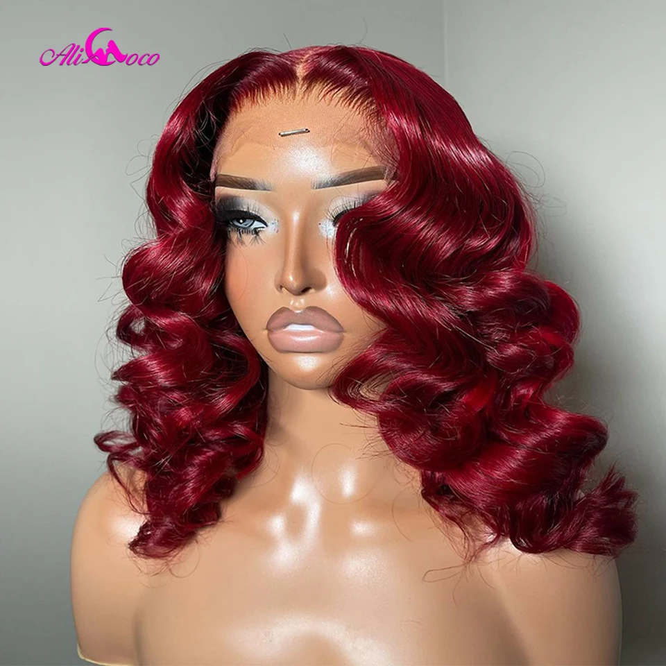 99J Объемная волна Боб Парики Человеческие волосы Красного цвета 13x4 Парик фронта