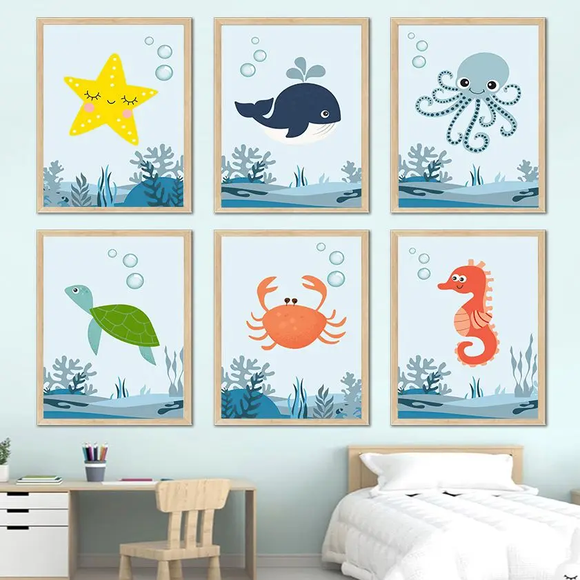 

Картина на холсте в скандинавском стиле для детской комнаты с изображением китов, осьминога, гиппокампа, черепахи, животных