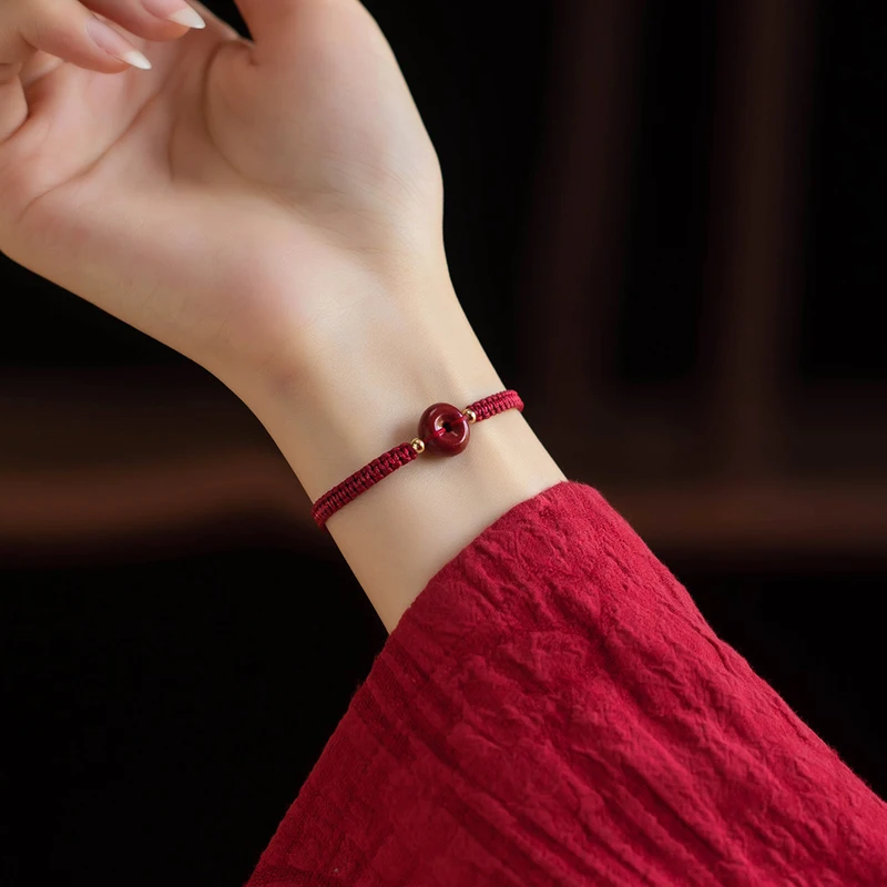 

FuYiFang cinnabar safety buckle nafu bracelet transfer bead female retro style male red hand rope high-grade life year jewelry