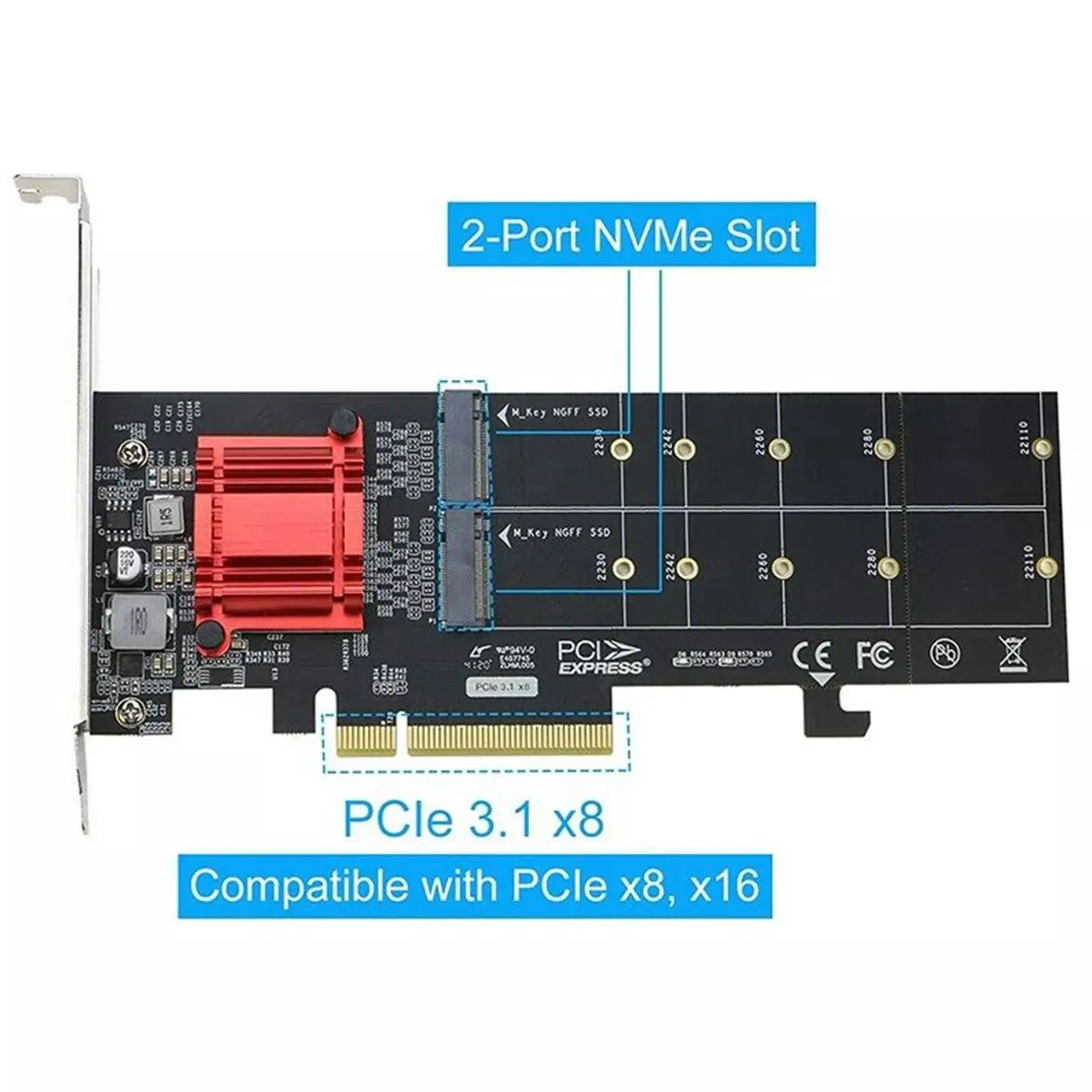 Фото Двойная карта-адаптер M.2 NVMe PCIe 3.0 x8, чипсет ASM2812, без разветвления, для SSD M Key 22110 2280, карта расширения для SSD №5