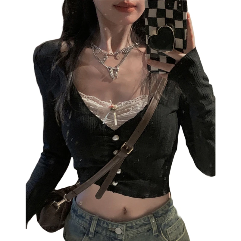 

Женский укороченный топ в Корейском стиле y2k, милый кружевной топ в стиле пэчворк с бантом, женская одежда в стиле 1920-х, уличная одежда