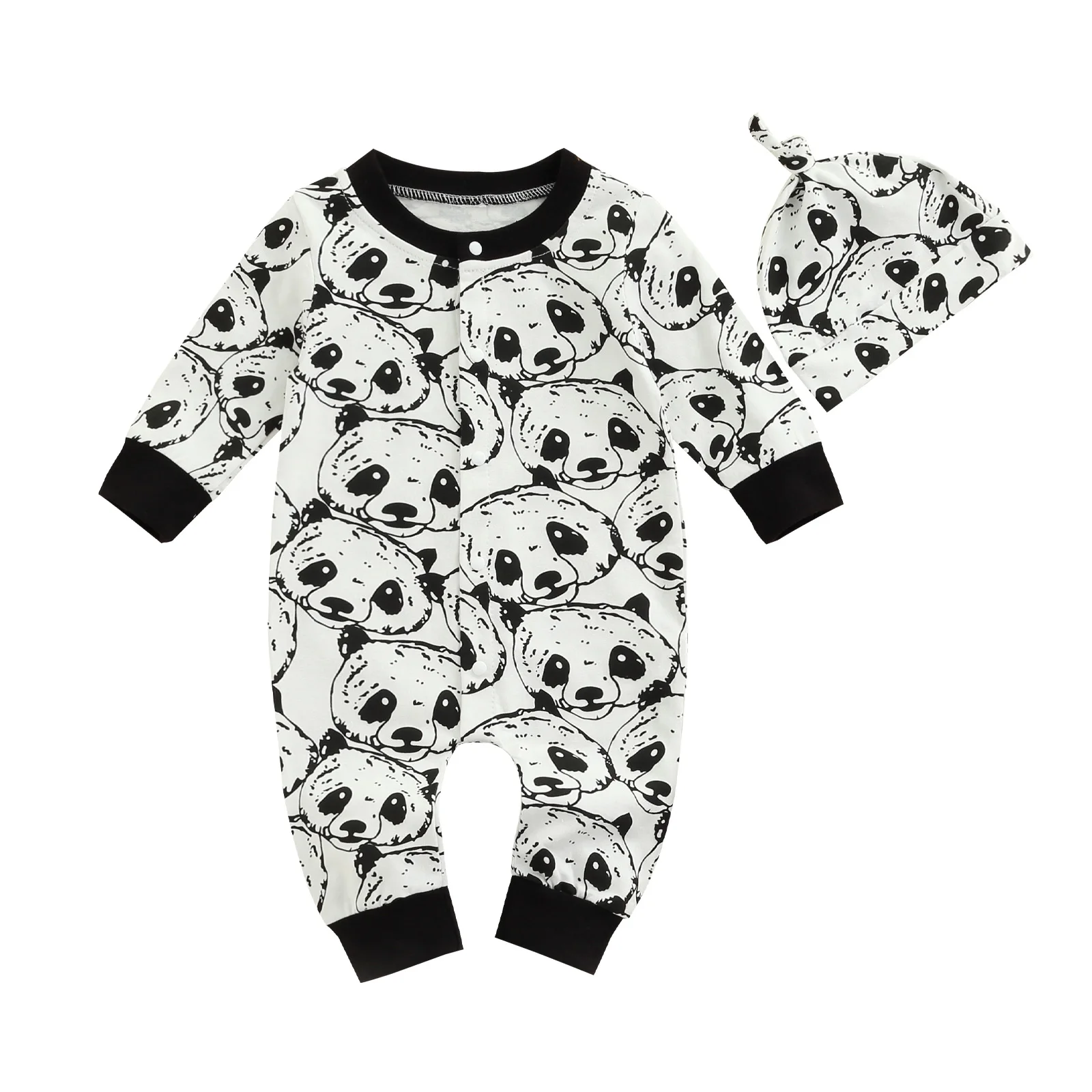 

0-18 Months Print 2 Pcs Newborn Panda Print Outfits, Baby Boys Color Block Long Sleeve Round Neck Jumpsuit + Knotted Cap