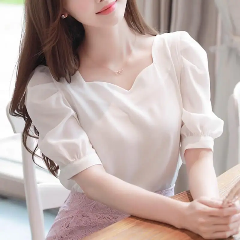 

Chiffon Women's Top 2022 Summer New Short Sleeve White Sweet Chiffon Shirt Puff Sleeve Korean Shirt harajuku