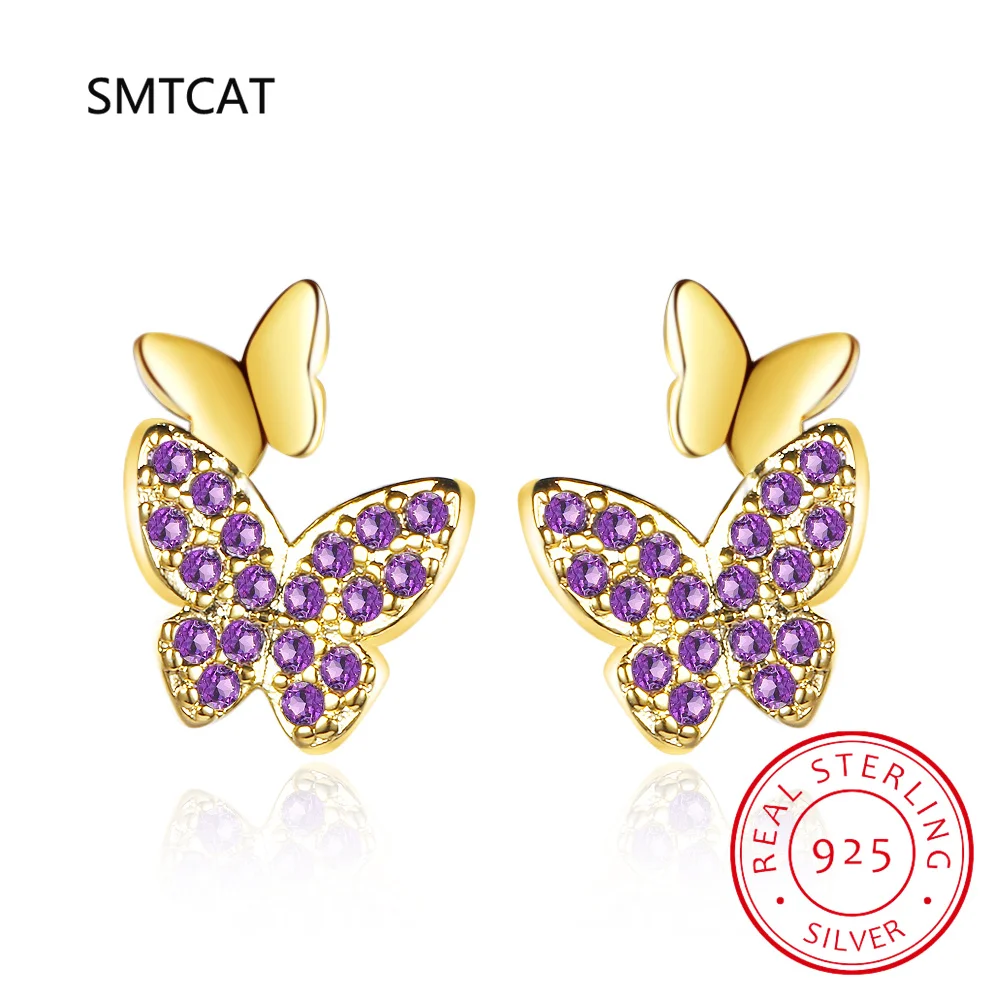 

925 Sterling Silver Romantic Cute Amethyst Zircon Double Butterfly Insect Stud Earrings for Women Sweet Party Wedding Jewelry
